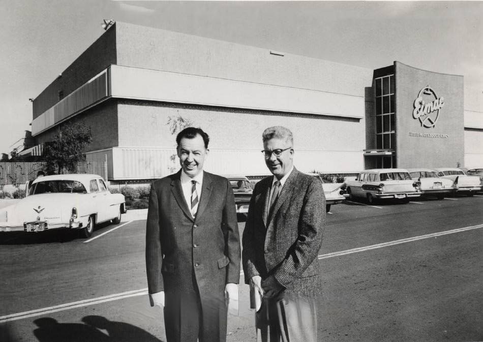 #100 Bill Eitel and Jack Mccullough in front of their new San Carlos plant, 1959