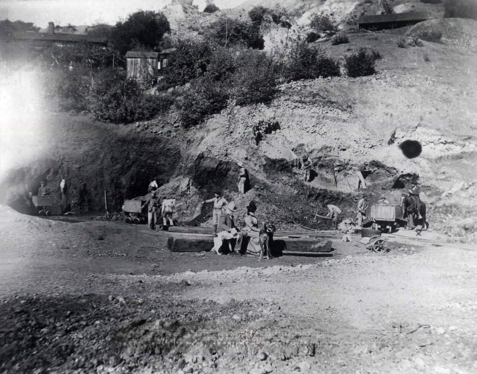 #37 New Almaden scene. Workers excavating a hillside, 1860