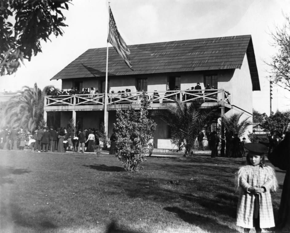 #199 State House replica with people on balcony, 1899
