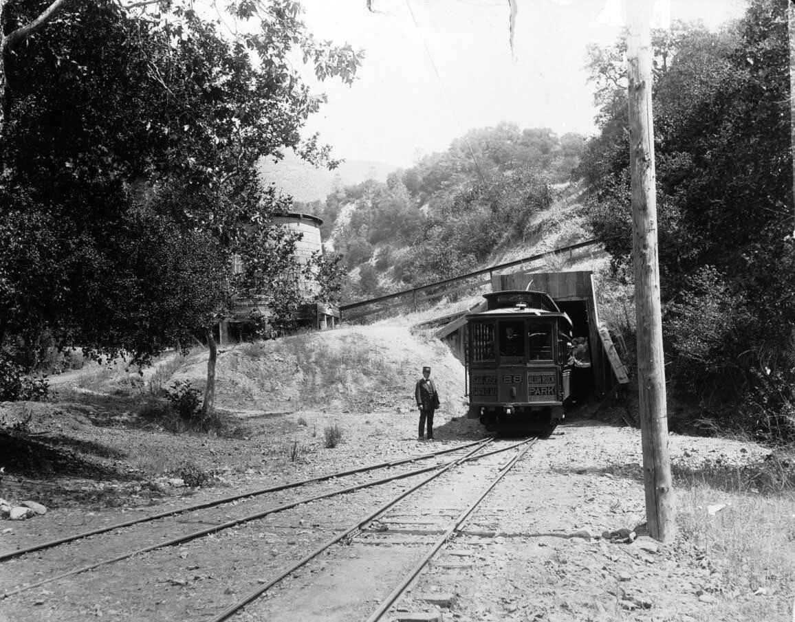 #205 Railroad car entering the tunnel on the way to Alum Rock Park in San Jose, 1900