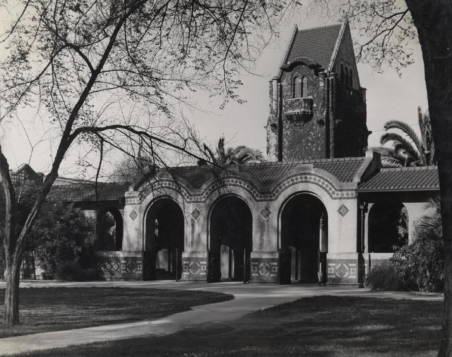 #38 Arches in front of tower at Dwight Bentel Hall, San Jose State, 1940s