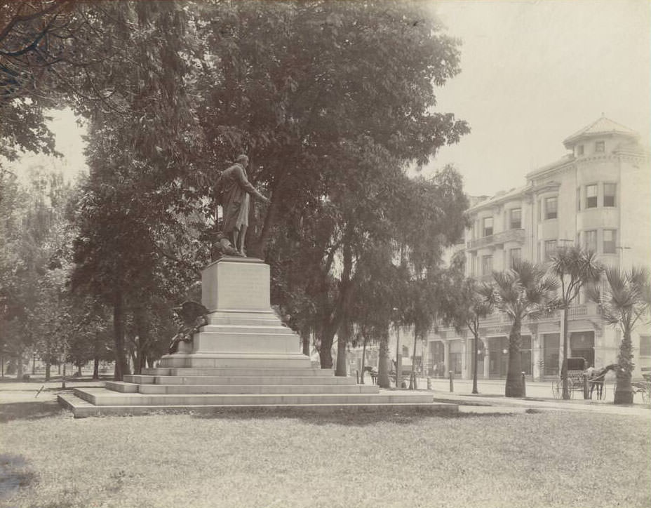 #219 Exterior view of Saint James Hotel and park in San Jose, 1900