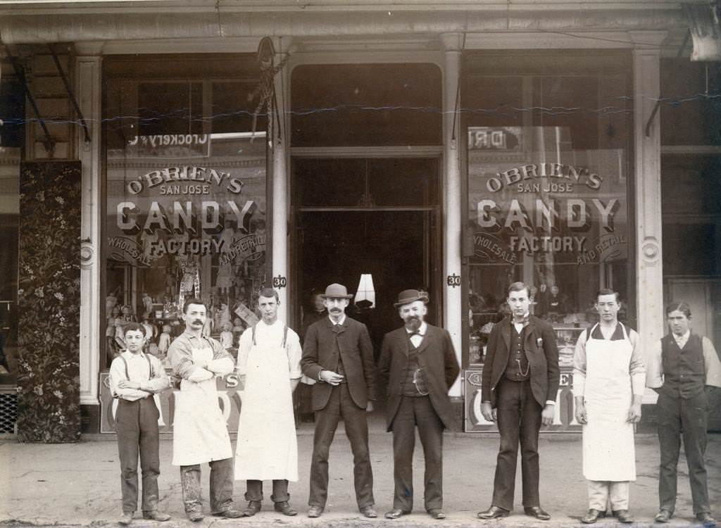#209 Employees of O’Brien’s Candy Store posing for a group portrait, 30 South First Street, San Jose, 1910