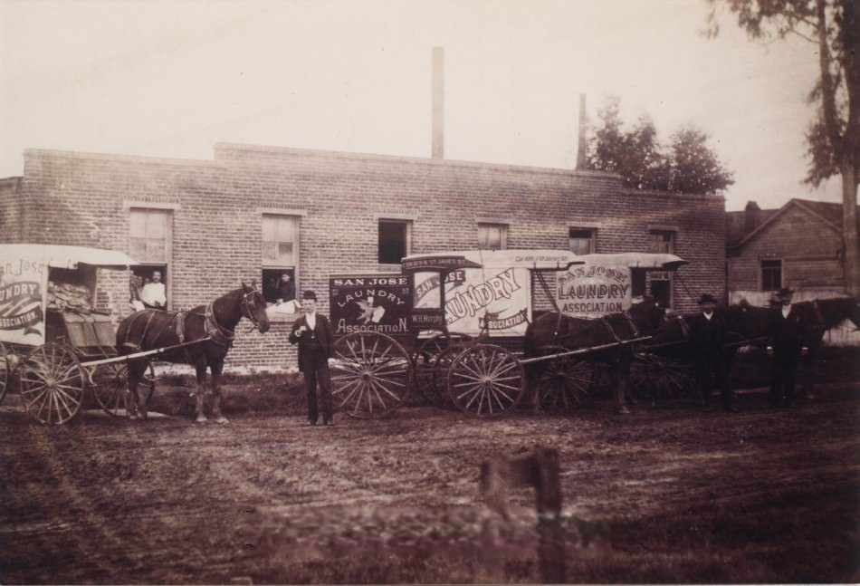 #18 San Jose Laundry Association trucks in front of the laundry works about 1906. Corner of Tenth and Saint James Streets.