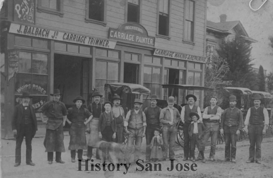 #43 John Balbach, Jr’s carriage trimming and painting shop was located on the northwest corner of Market Street and Pierce Avenue, San Jose, 1896
