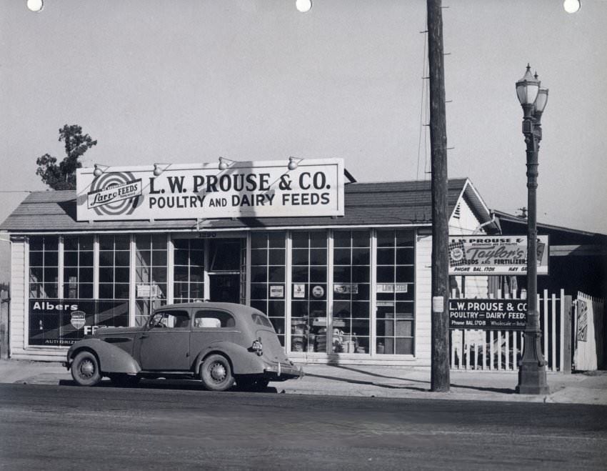 #58 L. W. Prouse & Co. Poultry and Dairy Feeds building, car parked in front, at 1290 East Santa Clara Street, San Jose, May 18, 1947.