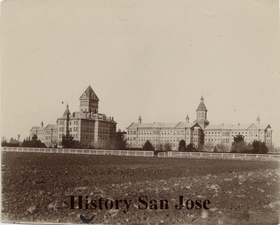 #46 Agnews State Hospital, long shot across field from rear-side, San Jose, 1890