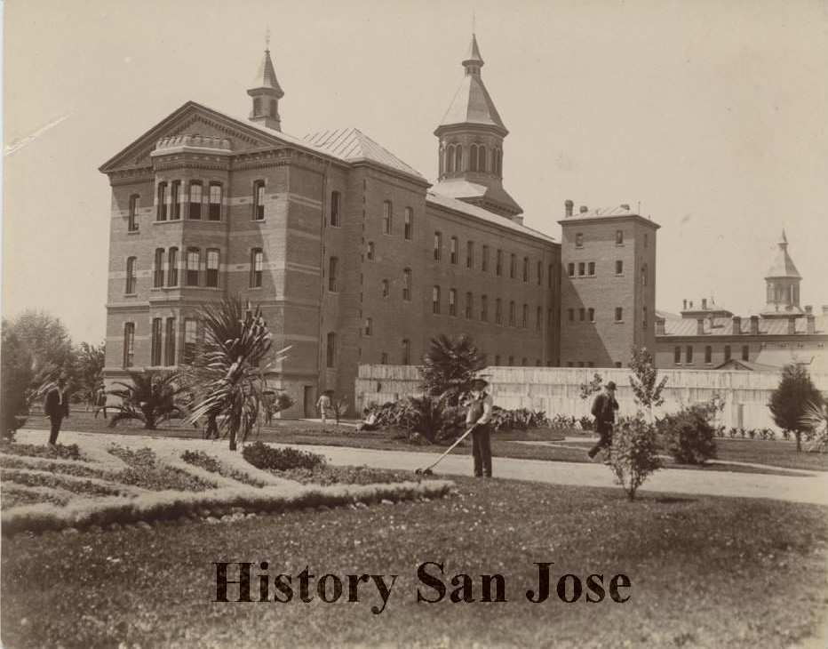 #47 Agnews State Hospital, rear side, with gardener and pedestrians, 1890