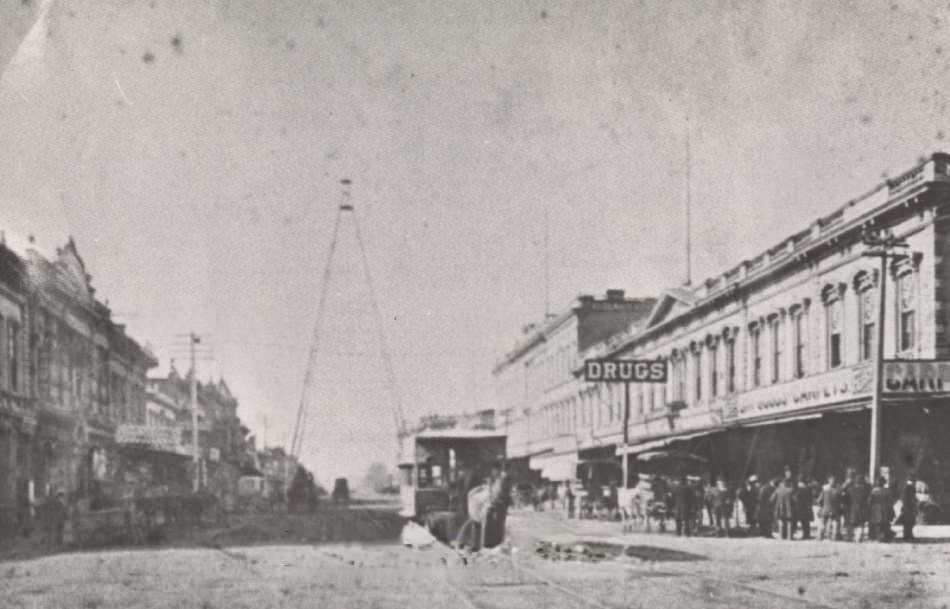 #19 Horse car near Electric Light tower, San Jose, 1880s