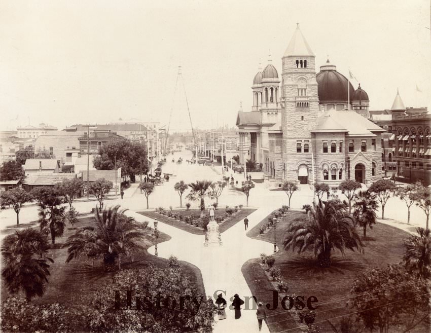 #65 Looking down at Market Square/Market Plaza, with the old San Jose Library building and St. Joseph’s Church, 1890s