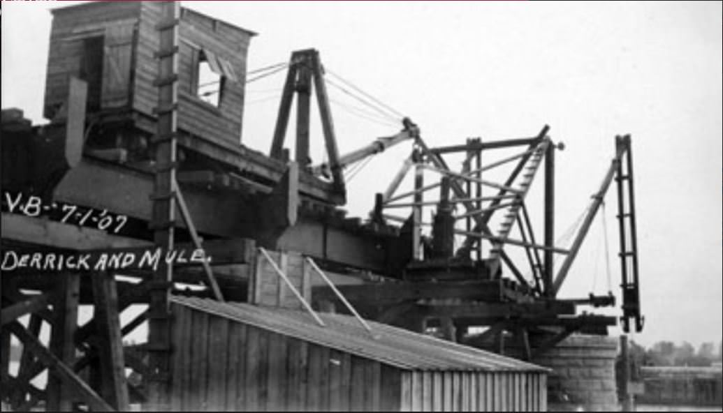 #21 A derrick and a mule at the Vancouver Railroad Bridge construction site, 1907