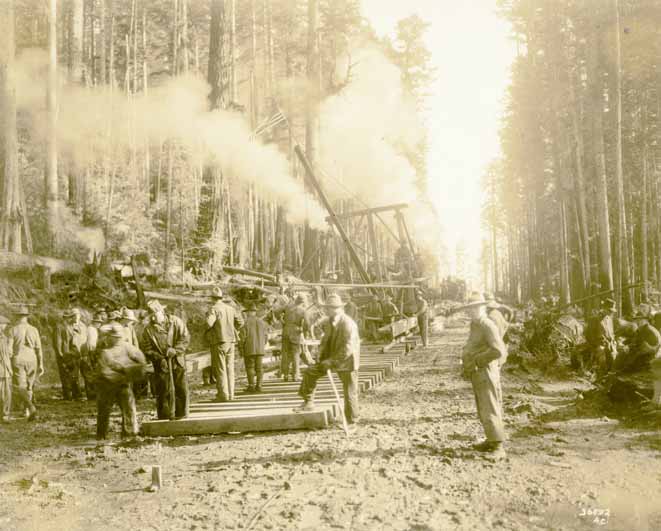 #1 Logging railroad track, workers laying railroad ties, 1918