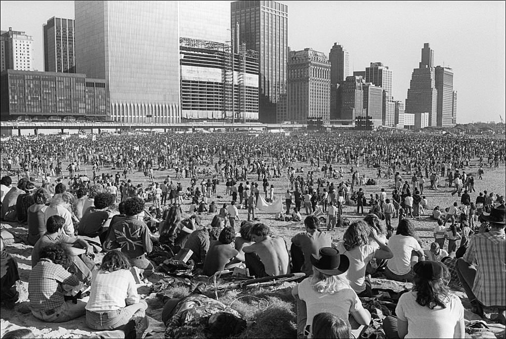 #63 Musicians United for Safe Energy present an Anti-Nuclear Power rally and concert on the Battery Park City landfill opposite the World Trade Center twin towers, 1979