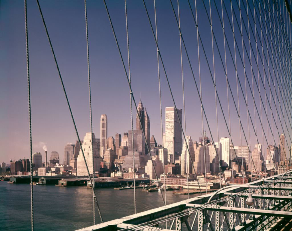 #62 Downtown Manhattan Financial Area Skyline seen through Brooklyn Bridge.