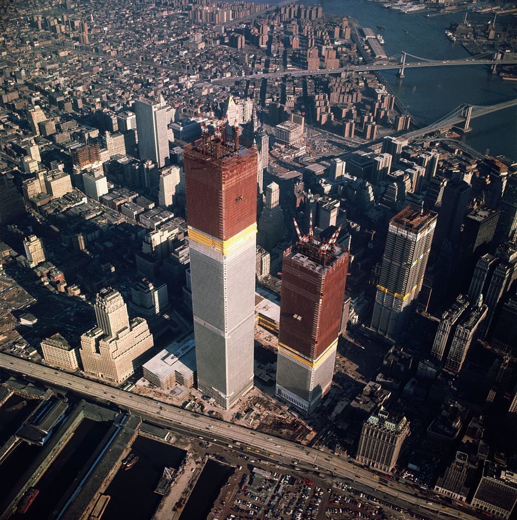 #10 This is an Aerial view of the World Trade Center under construction in downtown Manhattan.