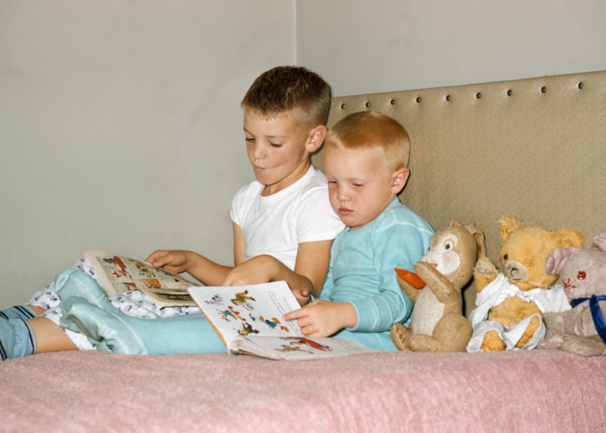 #14 Me and my older brother reading Donald Duck books with our stuffed animals, 1954