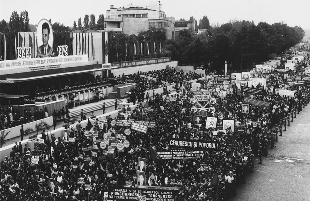 #87 A civic rally in Aviatorilor Square, Bucharest, held to celebrate Romania’s National Day, 1979.