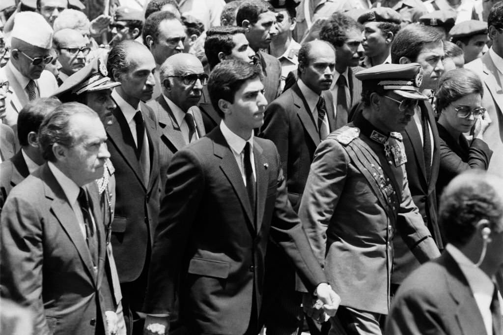 #41 Egyptian President Anwar el-Sadat at the funeral of the Shah of Iran in Cairo, Egypt, 1980