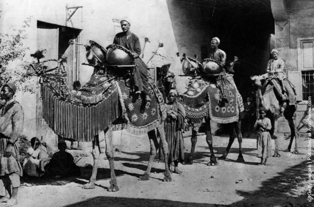#136 Hired musicians, riding camels “decked in gaudy trappings”, lead the bridal party to the house of the bridegroom, Cairo, 1890