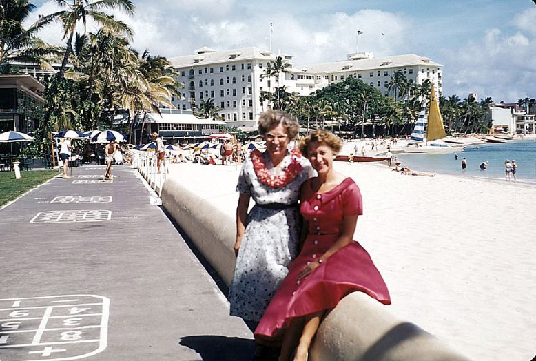 #58 At the Royal Hawaiian Hotel on Waikiki Beach, Honolulu, Hawaii. Outrigger Canoe Club (center left); Moana Hotel (on the right)