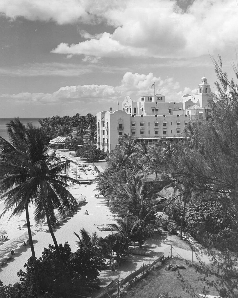#89 Elevated view of the Royal Hawaiian Hotel on Waikiki Beach, Honolulu, Hawaii, 1950.