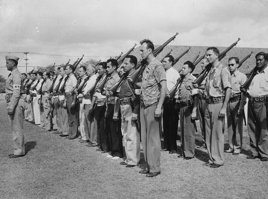 #145 GuardsHawaiian Territorial Guards during a weapons training seminar, 1950
