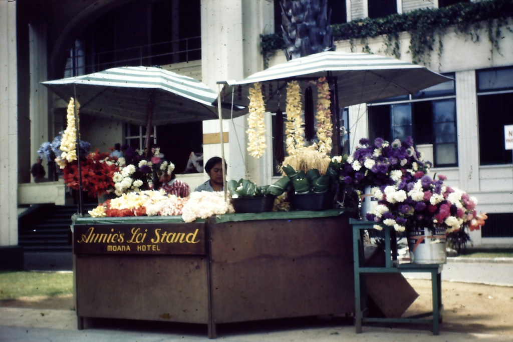#3 Annie’s Lei Stand at Moana Hotel in Waikiki, Hawaii, 1945