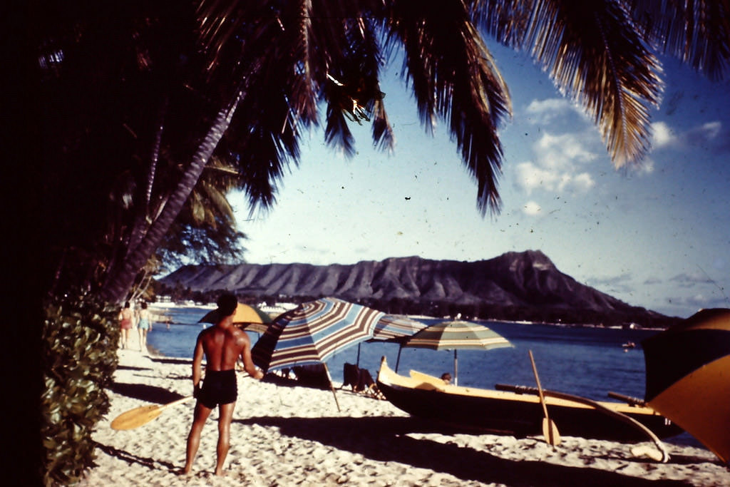 #5 Beach umbrellas with Diamond Head, Hawaii, 1945