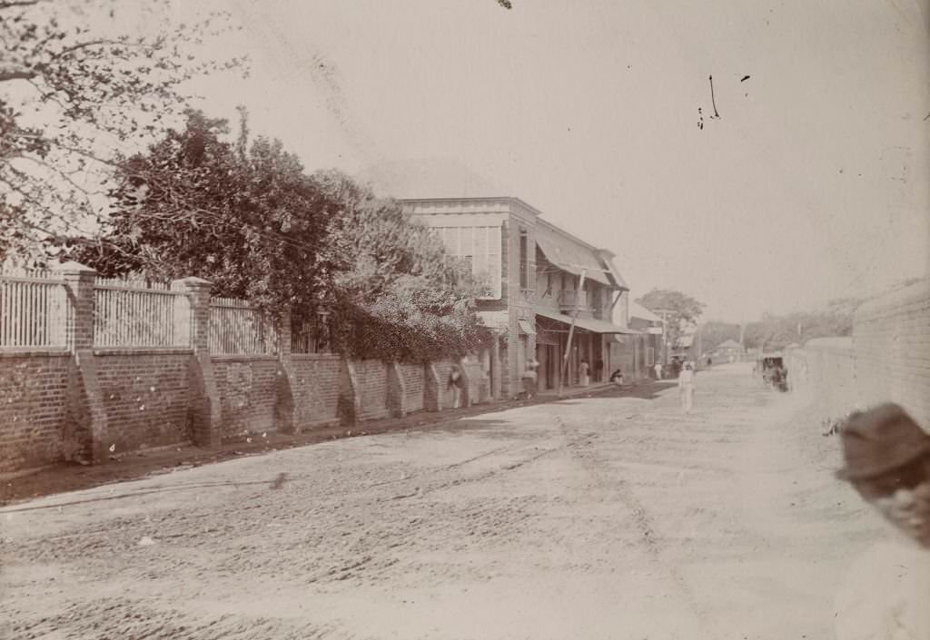 #12 Rails laid down for mule-drawn trams stretch into the distance along a long, empty road at Kingston, 1895