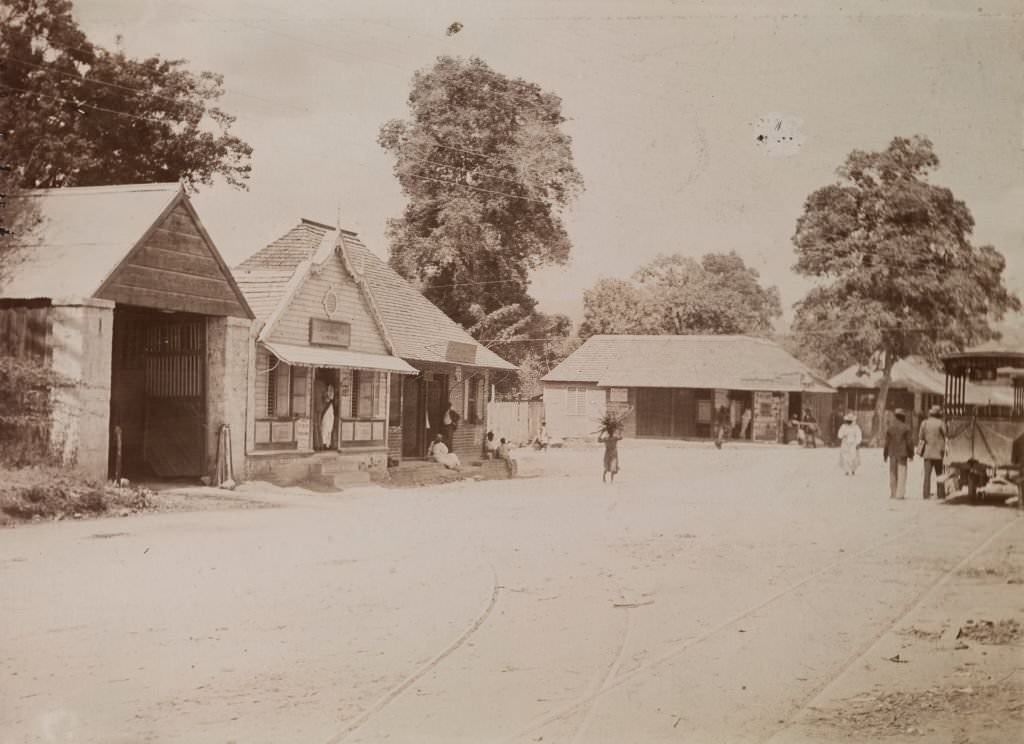 Rails laid down for mule-drawn trams criss-cross a wide, empty road outside a building identified as: ‘Jamaica Street Car Co. Limited’ at Kingston, 1894
