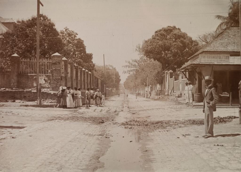 #17 Street scene showing a sign that reads: ‘Cars will not stop between North St. and Drummond St. on the up trip, 1894