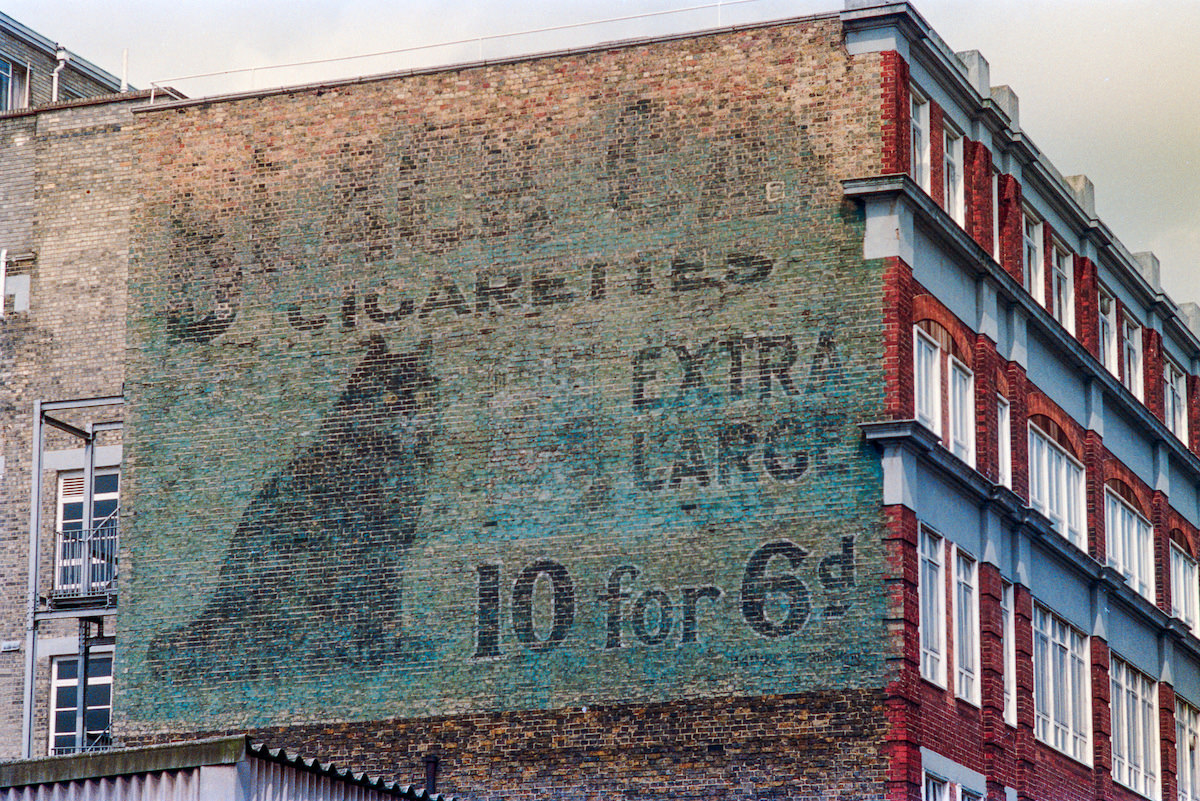 #10 Black Cat Cigarettes, Advertising, flats, Hackney, 1986