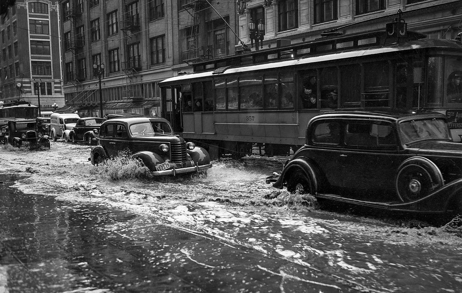 #26 Drains could not keep up with rain filling streets in downtown Los Angeles, 1938