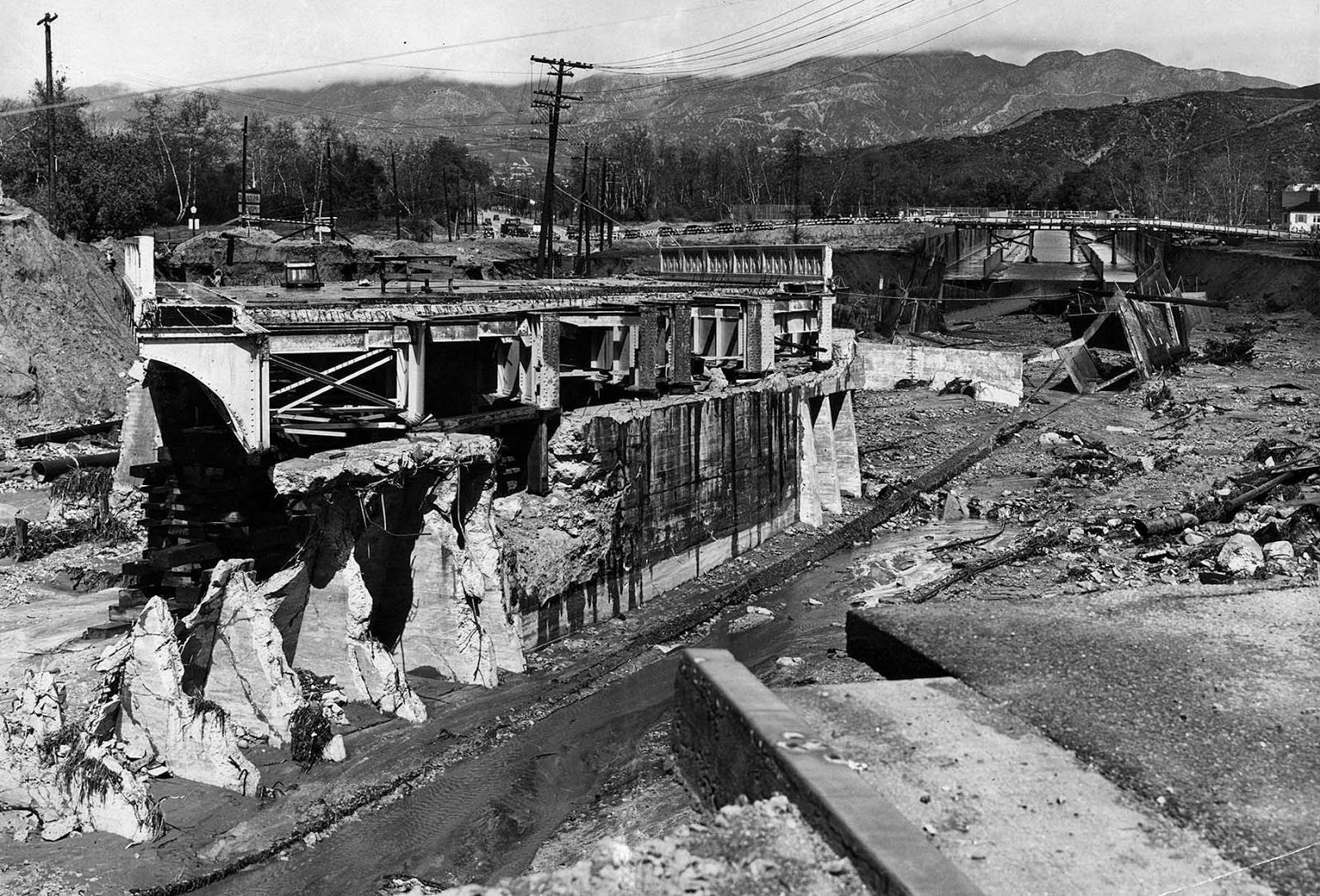 #31 The La Canada Street Bridge over Verdugo Wash near junction of Verdugo Road. The bridge, a WPA project, was under construction when the storm hit, 1938