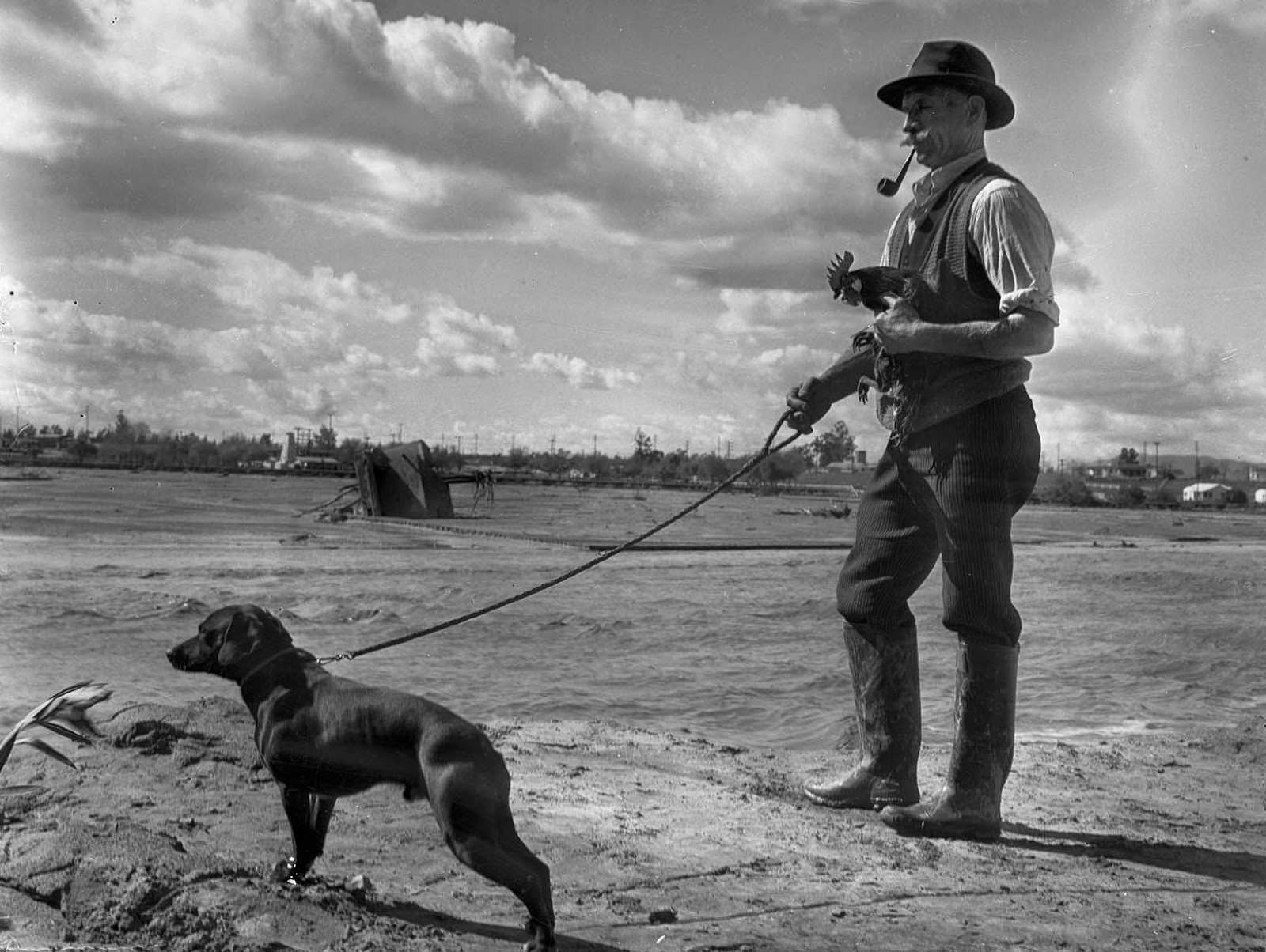 #3 Henry Cooper with a dog and rooster, all that was saved from Earl Callan’s home, part of which can be seen in the Los Angeles River in the background, 1938