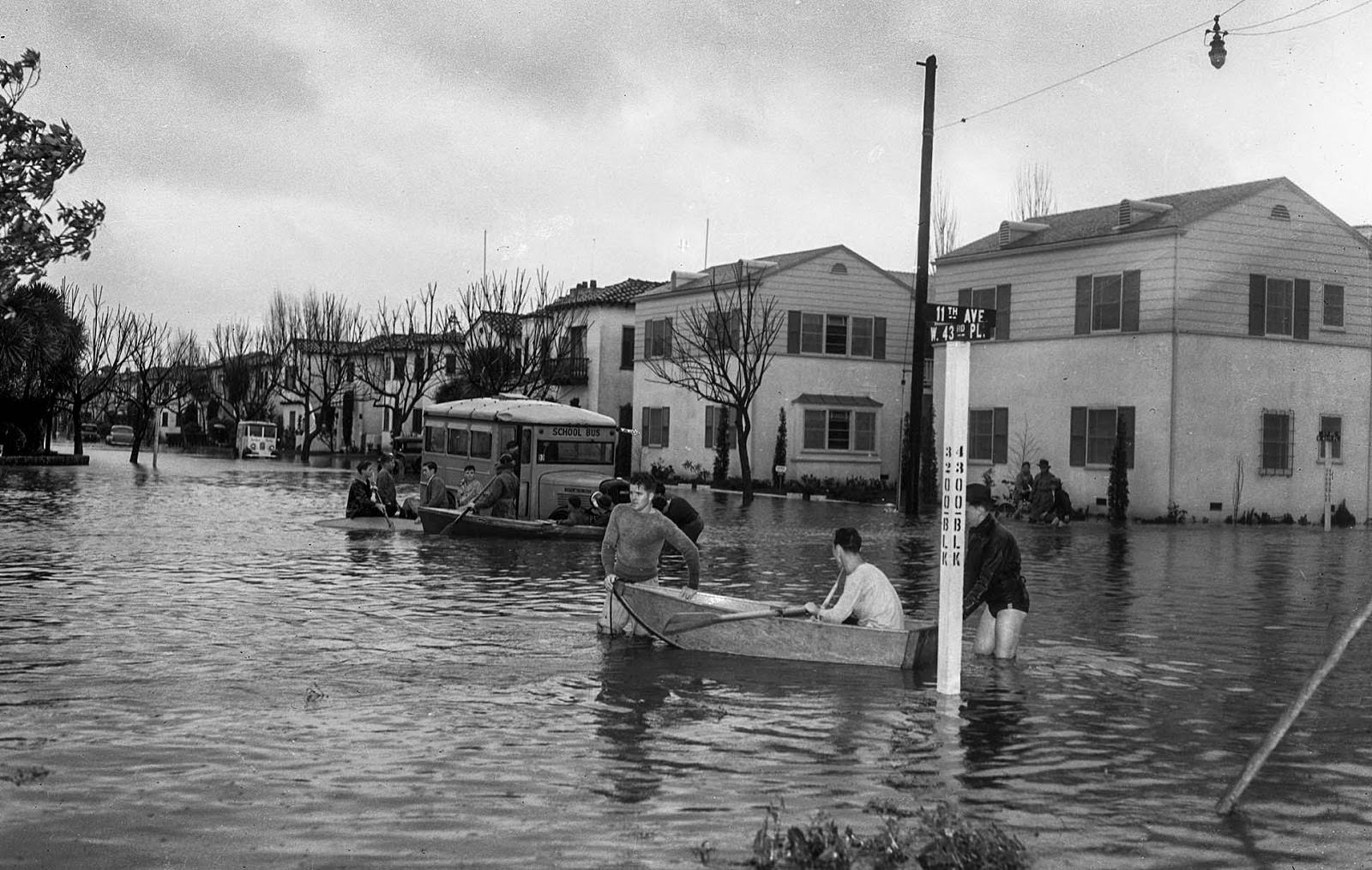 #19 Flooding at West 43rd Place and 11th Avenue near Leimert Boulevard stranded a school bus, 1938