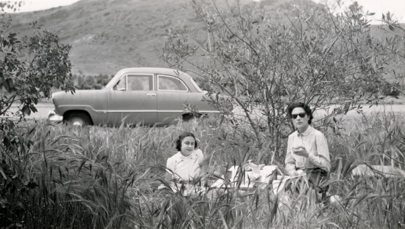 #15 A mother and her daughter enjoying a roadside picnic in the countryside, 1954