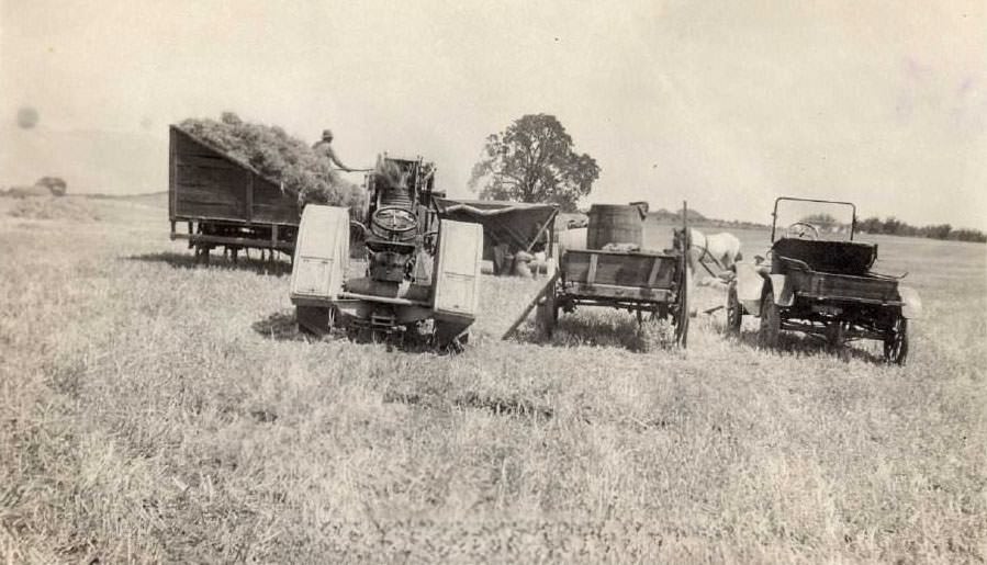 #18 Automobile, tractor, and hay-filled cart in a field in Evergreen, near San Jose, California, 1920