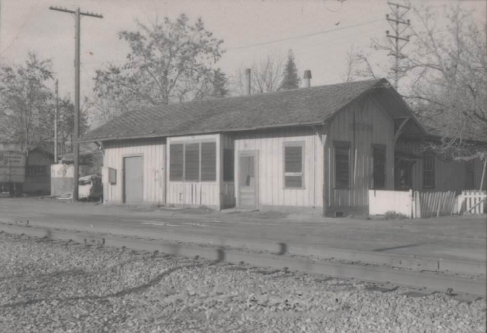 #27 This little board and batten railroad station at Coyote is the only one of it kind remaining between San Jose and Watsonville, 1975