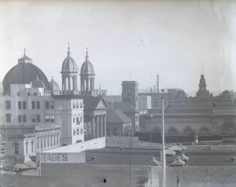 #35 Downtown San Jose from Wyckoff’s offices, including St. James, the old Post Office (later library and San Jose Museum of Art), as well as the City Hall, 1920s