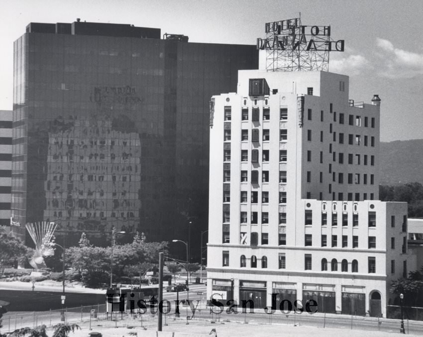 #61 Looking west at De Anza Hotel from top of parking lot at San Pedro and Saint John Streets, San Jose, 1988