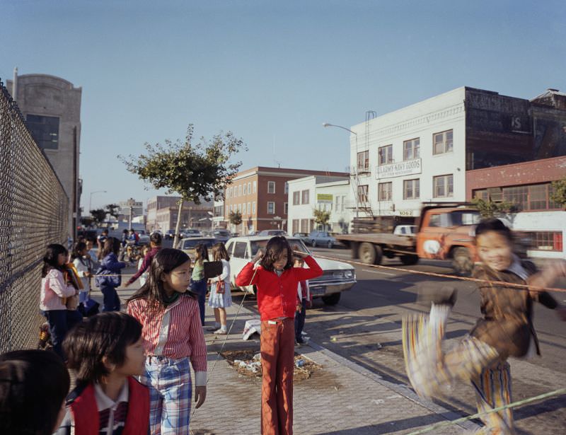 #3 Chinese jumprope in front of Bessie Carmichael School, Folsom Street, 1980