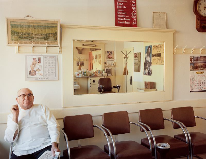 #17 Giannini in his barbershop, established 1936, 484 6th Street, 1980