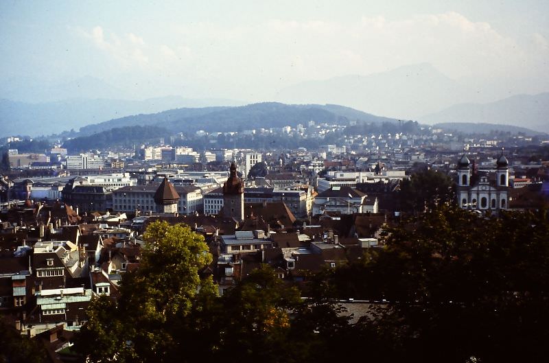 #17 Jesuitenkirche (right), Rathaus (Town Hall) (center), and tower of Kapellbrücke, Lucerne, 1979