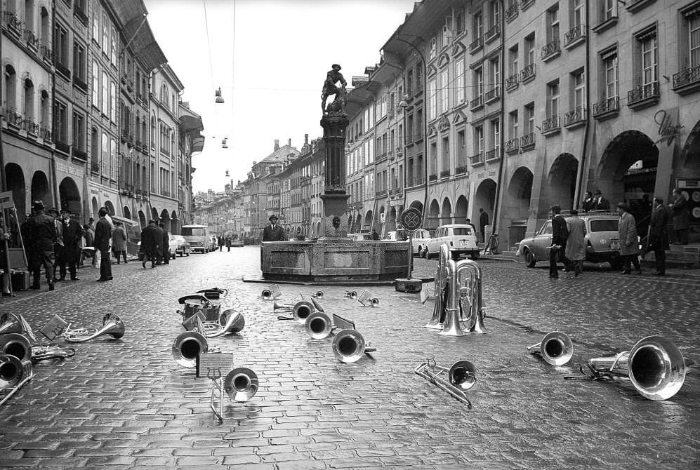 #178 Brass instruments on road surface: May Day demonstration in Berne, 1970