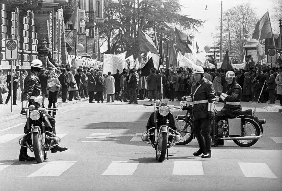 #181 Policemen with motor cycles at May Day demonstration, 1970