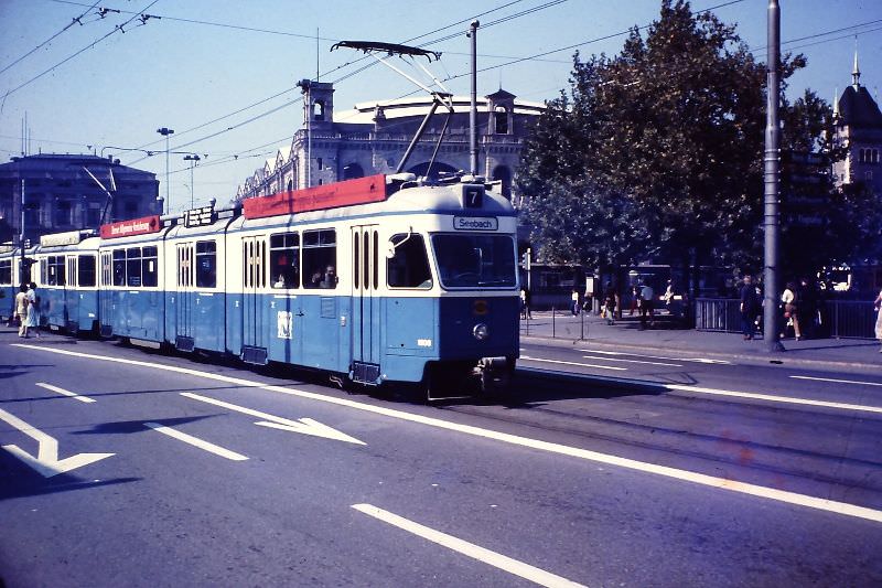 #262 Hauptbahnhof and tram 7 to Seebach, Zürich, 1979
