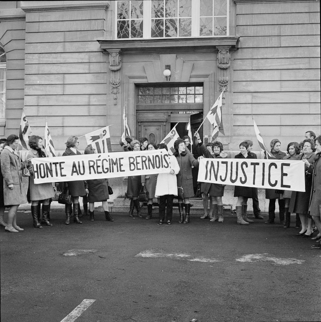 #88 Separatist group of women from Jura protesting in front of cantonal high court, Berne, 1970