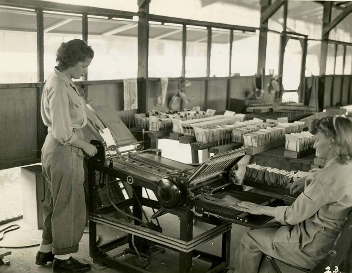 #22 On this machine, the letters are folded to correct size for insertion into V-Mail envelops, an operation which requires about eight minutes per roll.