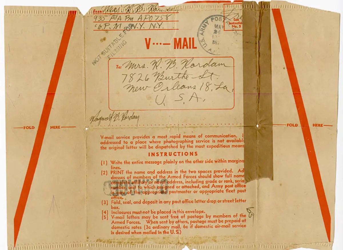#28 Heavily damaged, thus un-processed V-mail. (Photo gifted to National WW2 Museum in Memory of Col. R. B. Rordam).